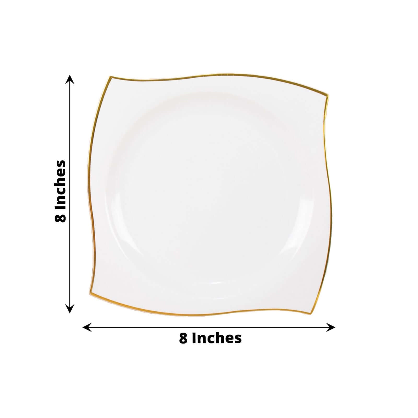 10-Pack Plastic 8" Square Dessert Plates in White with Gold Wavy Rim Modern - Disposable Salad Appetizer Party Plates for Luxe Events & Banquets
