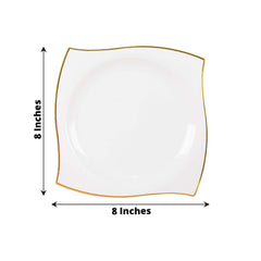 10-Pack Plastic 8" Square Dessert Plates in White with Gold Wavy Rim Modern - Disposable Salad Appetizer Party Plates for Luxe Events & Banquets