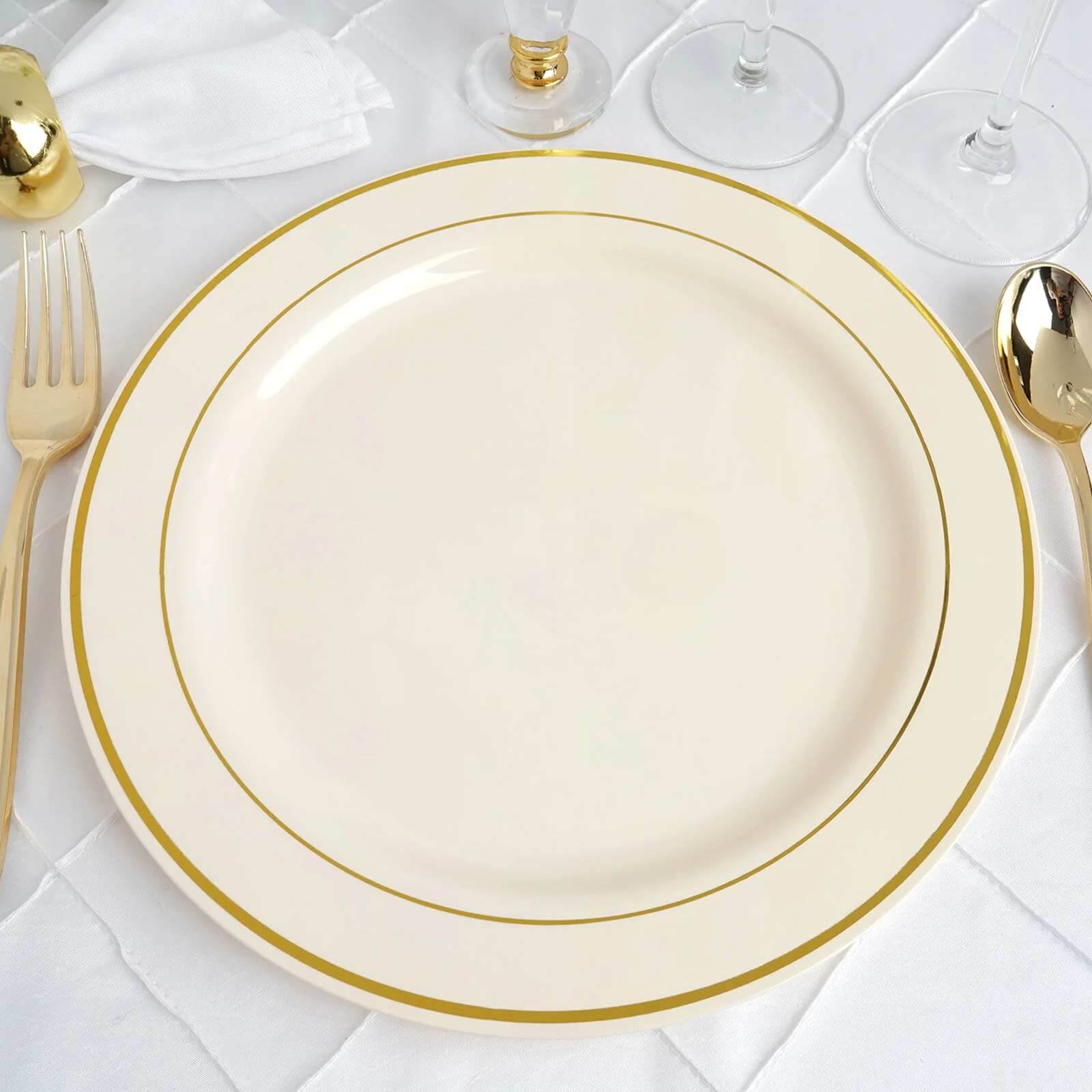 10-Pack Plastic Dinner Plates Ivory with Très Chic Gold Rim - Disposable Party Plates for Gatherings 10"