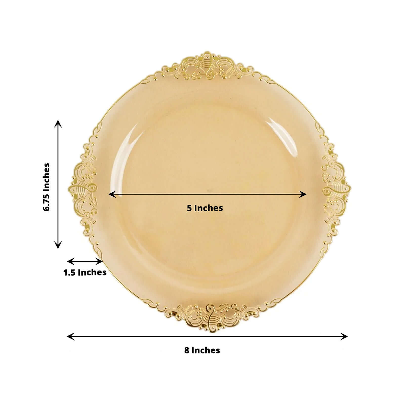 10-Pack Plastic 8" Round Dessert Plates in Transparent Amber Gold with Gold Leaf Embossed Rim - Disposable Vintage Baroque Style Salad Plates