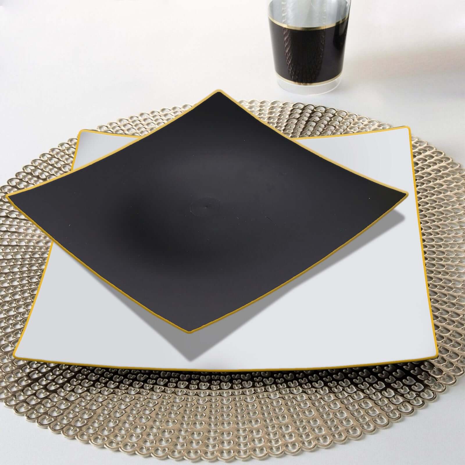 10-Pack Plastic 8" Square Dessert Plates in Black Concave Style with Gold Rim - Modern Disposable Salad Appetizer Party Plates