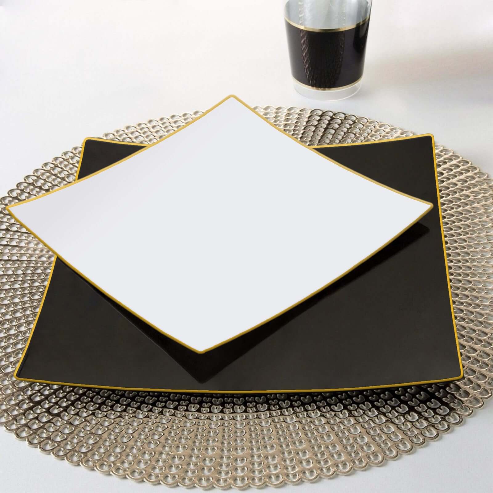 10-Pack Plastic 8" Square Dessert Plates in White Concave Style with Gold Rim - Modern Disposable Salad Appetizer Party Plates for Weddings & Special Events