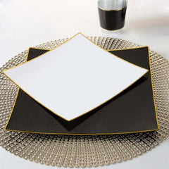 10-Pack Plastic 8" Square Dessert Plates in White Concave Style with Gold Rim - Modern Disposable Salad Appetizer Party Plates for Weddings & Special Events