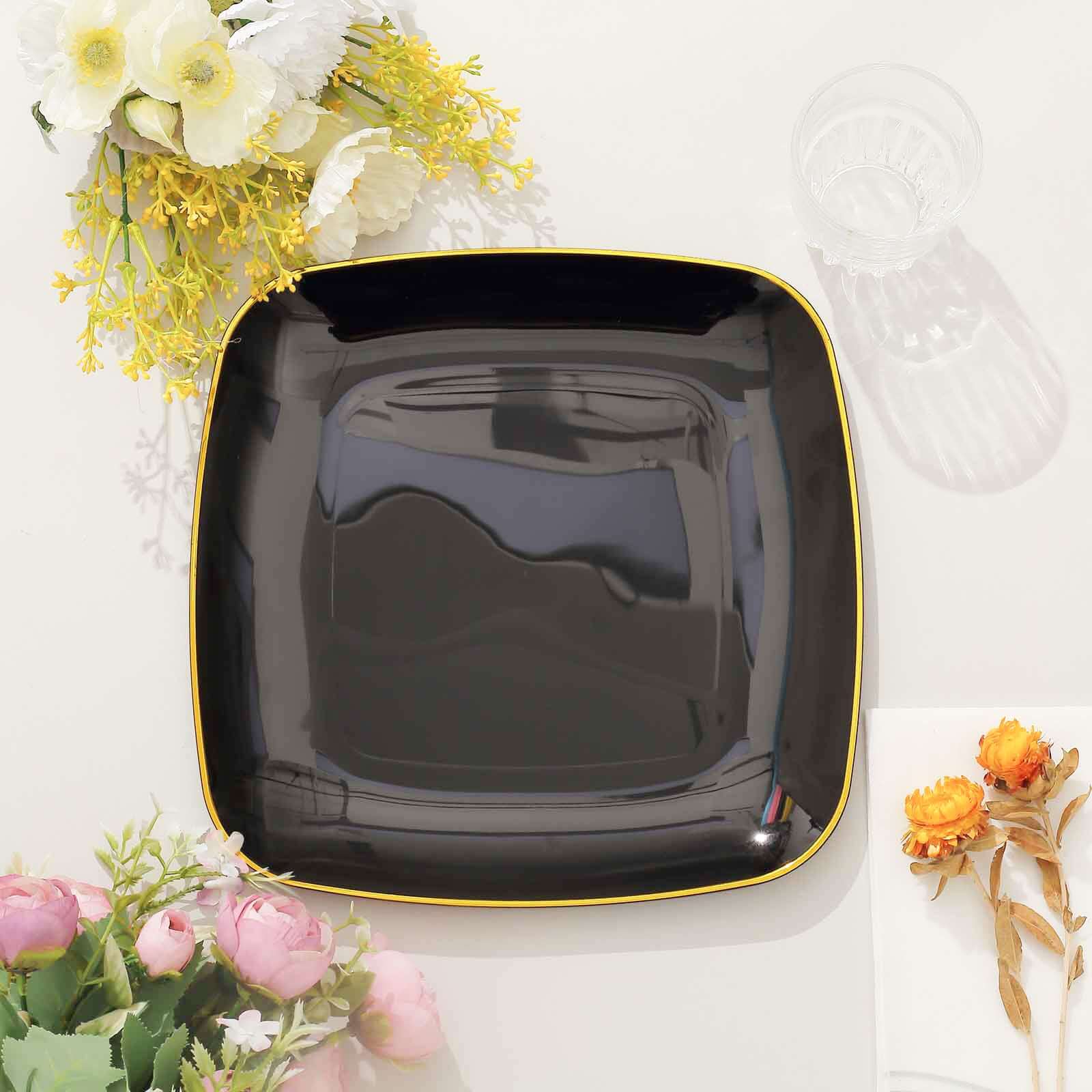10-Pack Plastic 10" Square Dinner Plates in Black with Gold Rim - Classy Disposable Lunch Party Plates