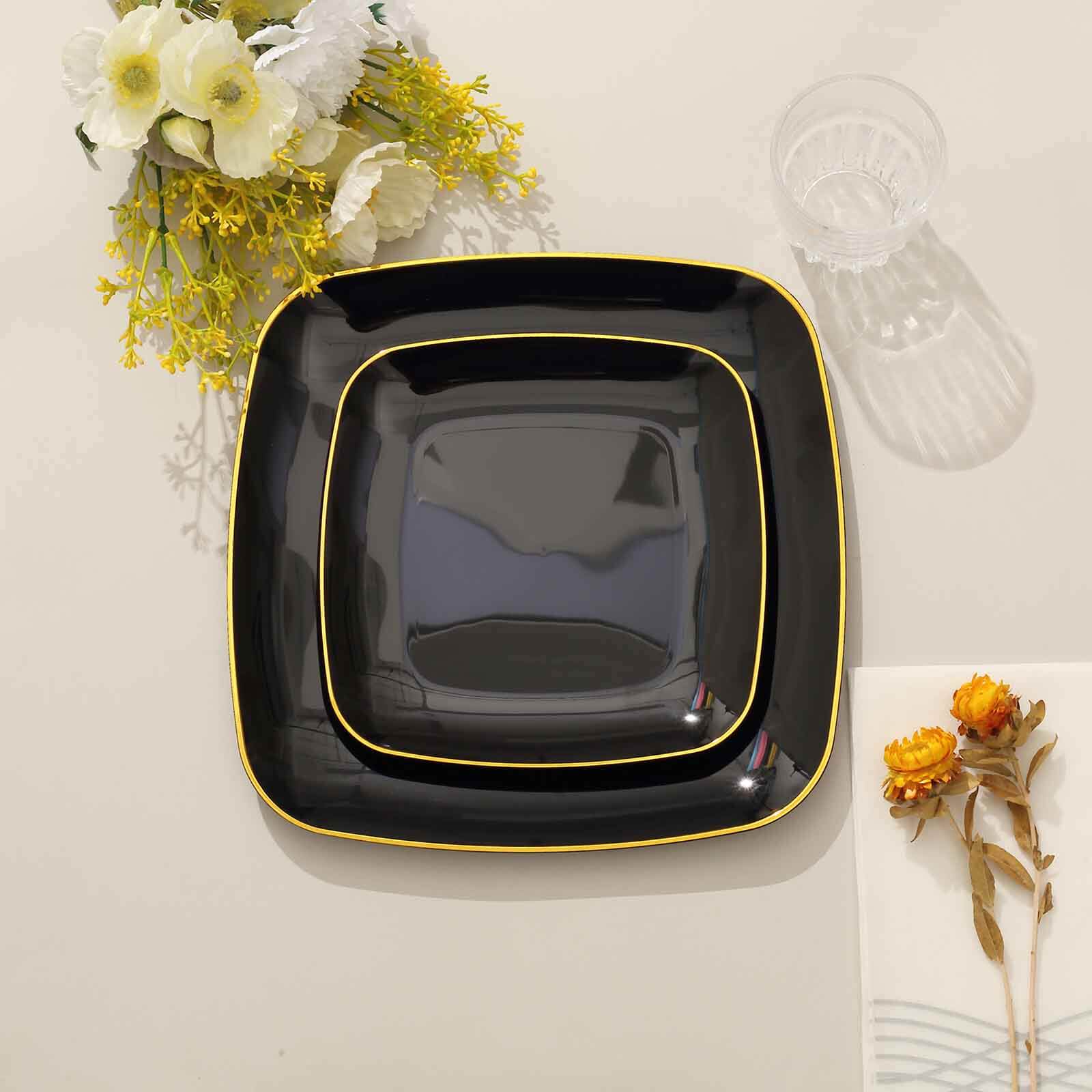 10-Pack Plastic 7" Square Dessert Plates in Black with Gold Rim - Classy Disposable Appetizer Salad Plates