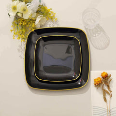 10-Pack Plastic 7" Square Dessert Plates in Black with Gold Rim - Classy Disposable Appetizer Salad Plates