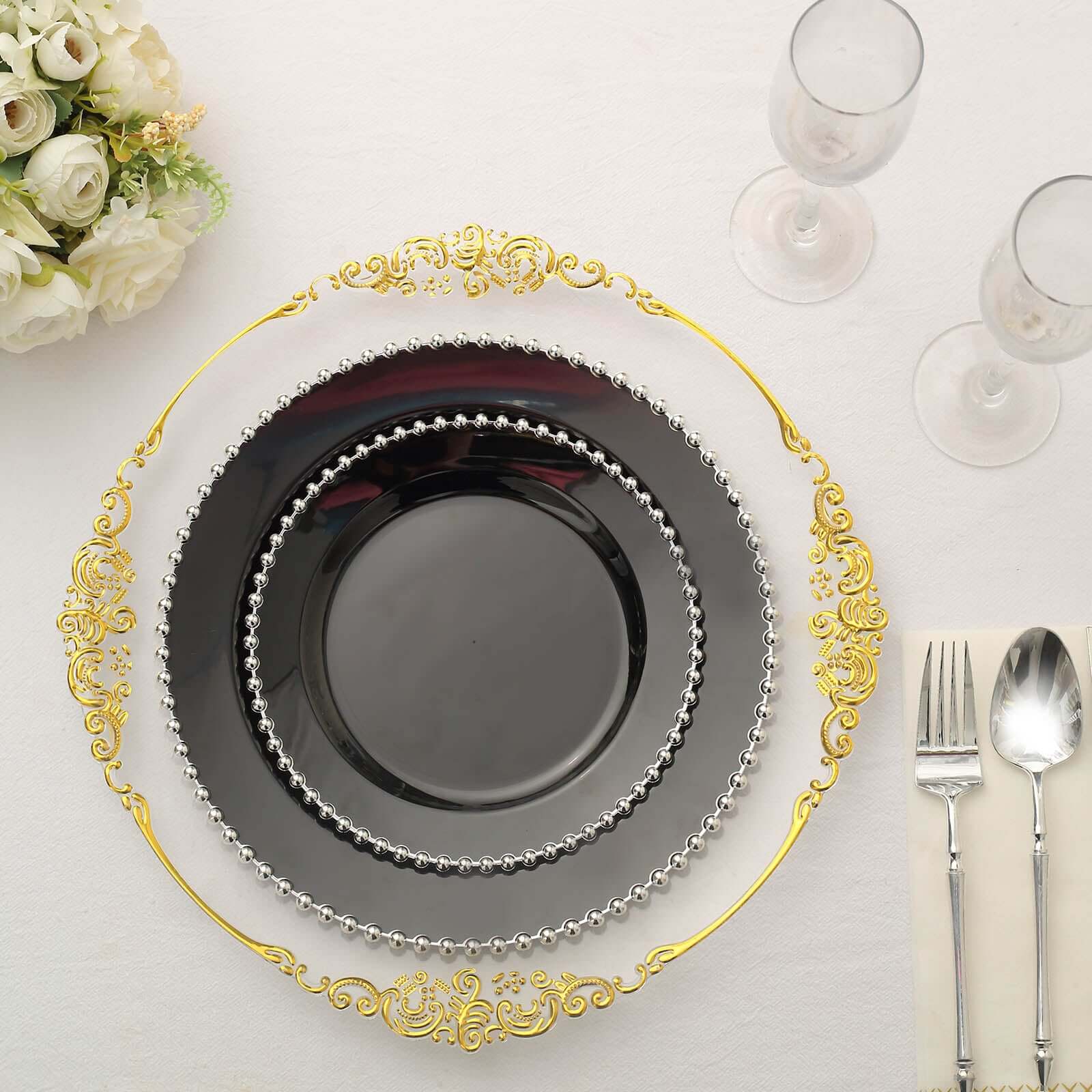 10-Pack Black Plastic Dessert Plates – 8" Round with Silver Beaded Rim, Disposable for Parties & Events