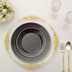 10-Pack Black Plastic Dessert Plates – 8" Round with Silver Beaded Rim, Disposable for Parties & Events