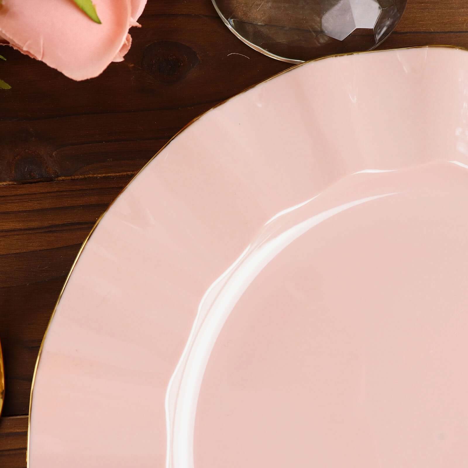 10-Pack Plastic 11" Round Dinner Plates in Blush Ruffled Rim with Gold Edging - Sturdy Disposable Dinnerware