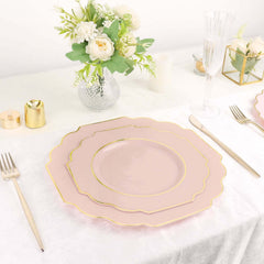 10-Pack Plastic Dinner Plates in Blush Baroque Design with Scalloped Gold Rim - Heavy Duty Disposable Party Plates 11"