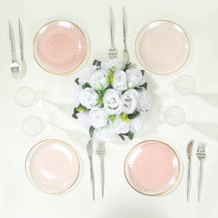 10-Pack Plastic 7" Round Dessert Appetizer Plates in Transparent Blush Hammered Design with Gold Rim - Modern Disposable Salad Plates