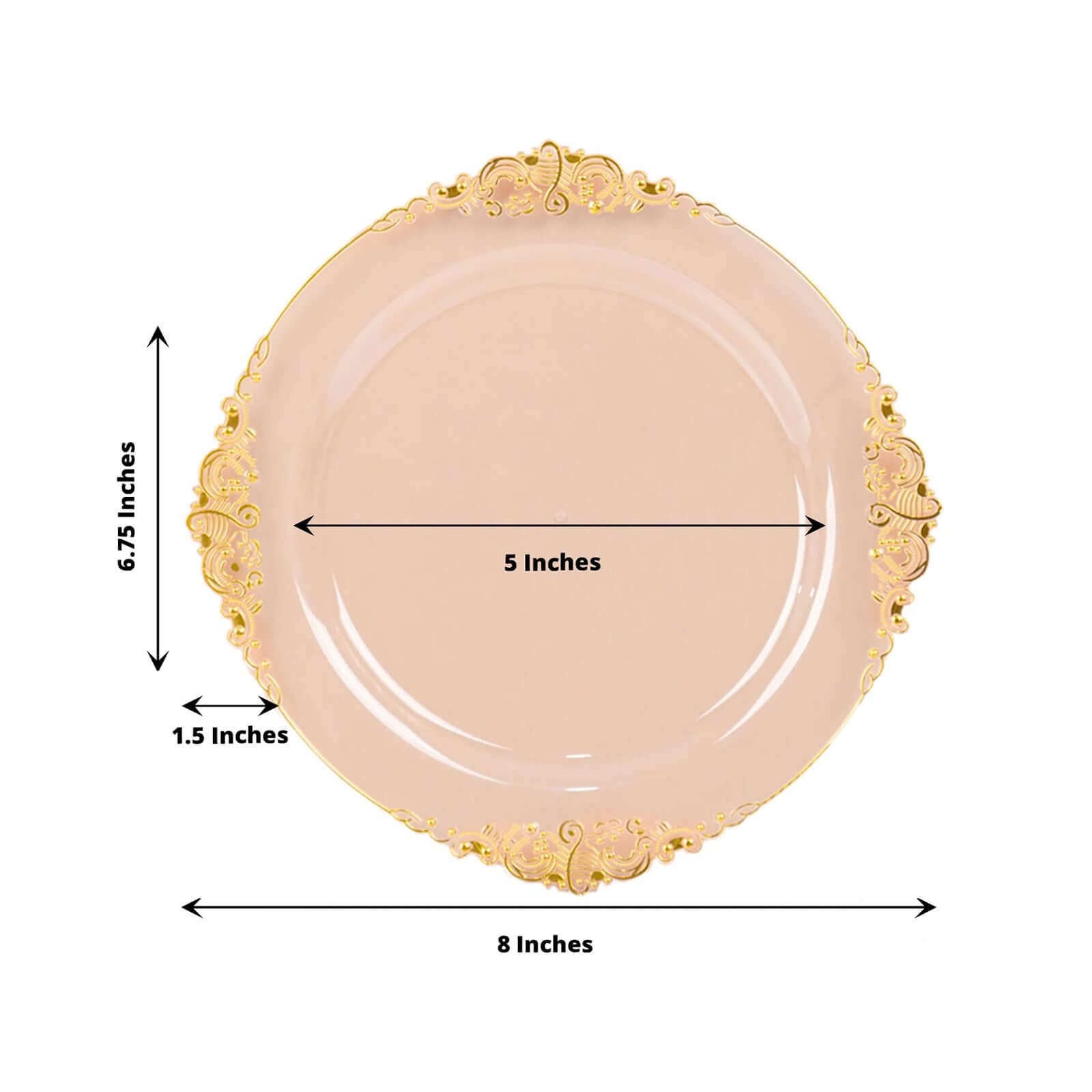 10-Pack Plastic 8" Round Dessert Plates in Transparent Blush with Gold Leaf Embossed Rim - Disposable Vintage Baroque Style Salad Plates