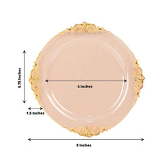 10-Pack Plastic 8" Round Dessert Plates in Transparent Blush with Gold Leaf Embossed Rim - Disposable Vintage Baroque Style Salad Plates