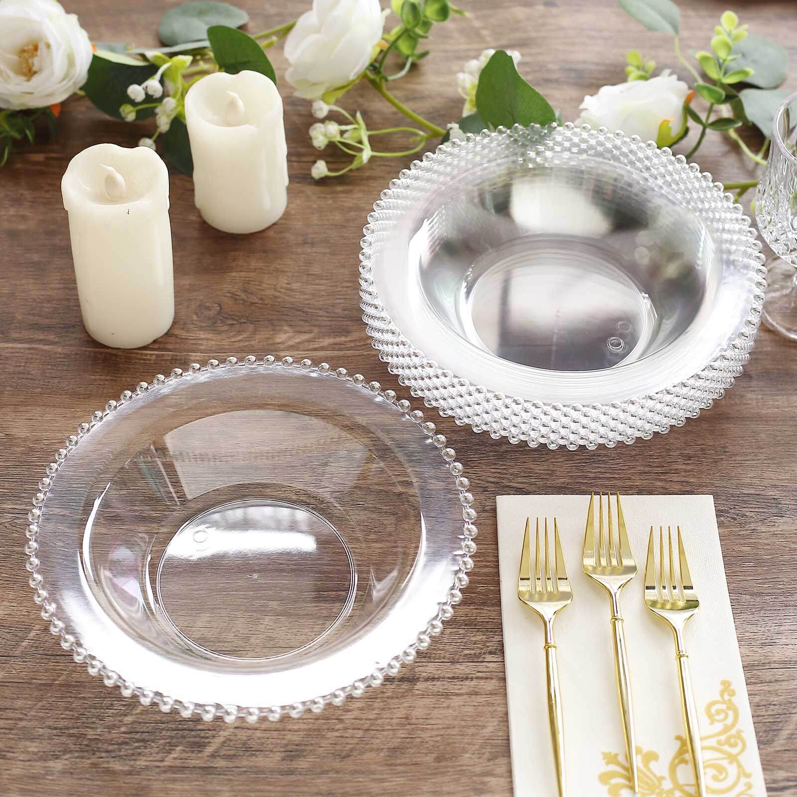 10-Pack Plastic Dessert Salad Bowls Clear Round Design with Silver Beaded Rim - Disposable Soup Bowls 12oz