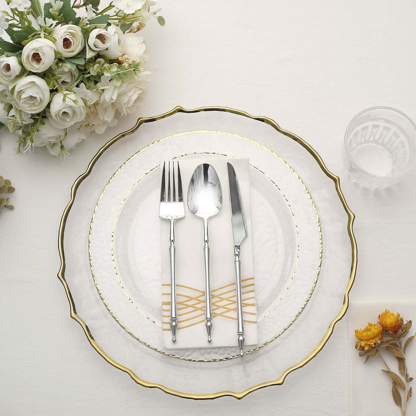10-Pack Plastic 10" Round Dinner Plates in Clear Hammered Design with Gold Rim - Disposable Party Plates for Chic Banquets & Special Occasions