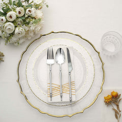10-Pack Plastic 10" Round Dinner Plates in Clear Hammered Design with Gold Rim - Disposable Party Plates for Chic Banquets & Special Occasions