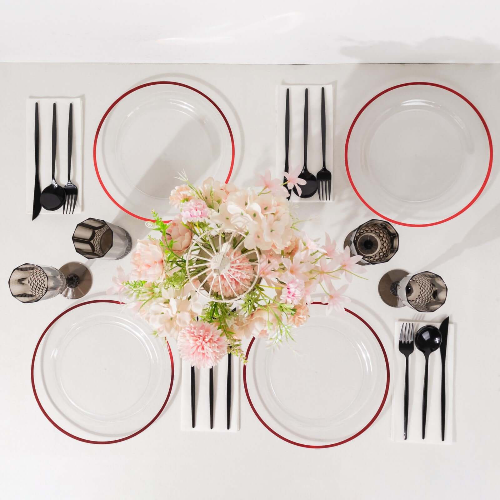 10-Pack Plastic 10" Round Dinner Plates in Clear with Red Rim - Disposable Party Plates for Classy Banquets & Special Occasions