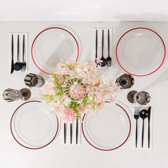 10-Pack Plastic 10" Round Dinner Plates in Clear with Red Rim - Disposable Party Plates for Classy Banquets & Special Occasions