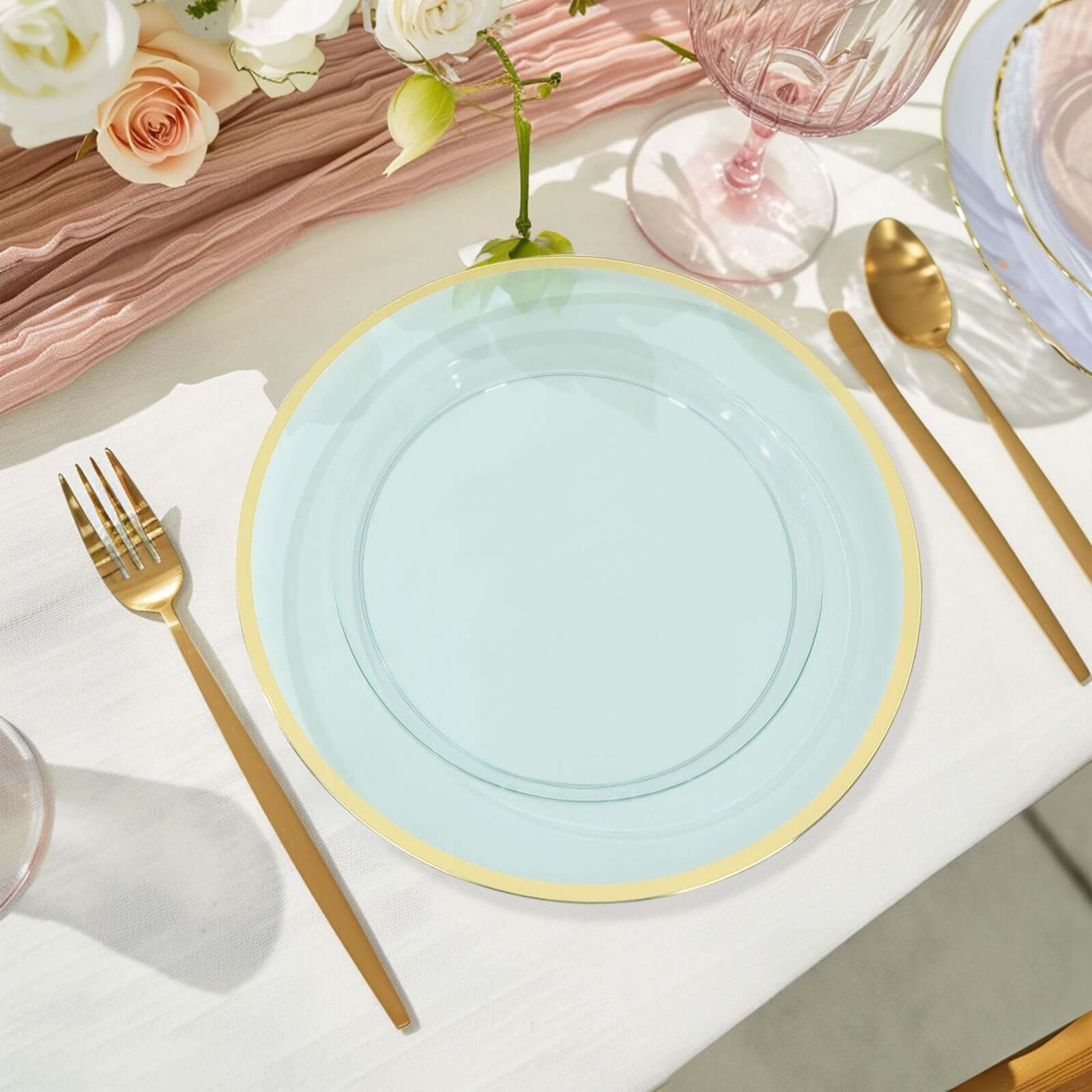 10-Pack Economy Plastic Round Charger Plates 12" in Transparent Blue with Wide Gold Rim, Decorative Dinner Party Serving Plates