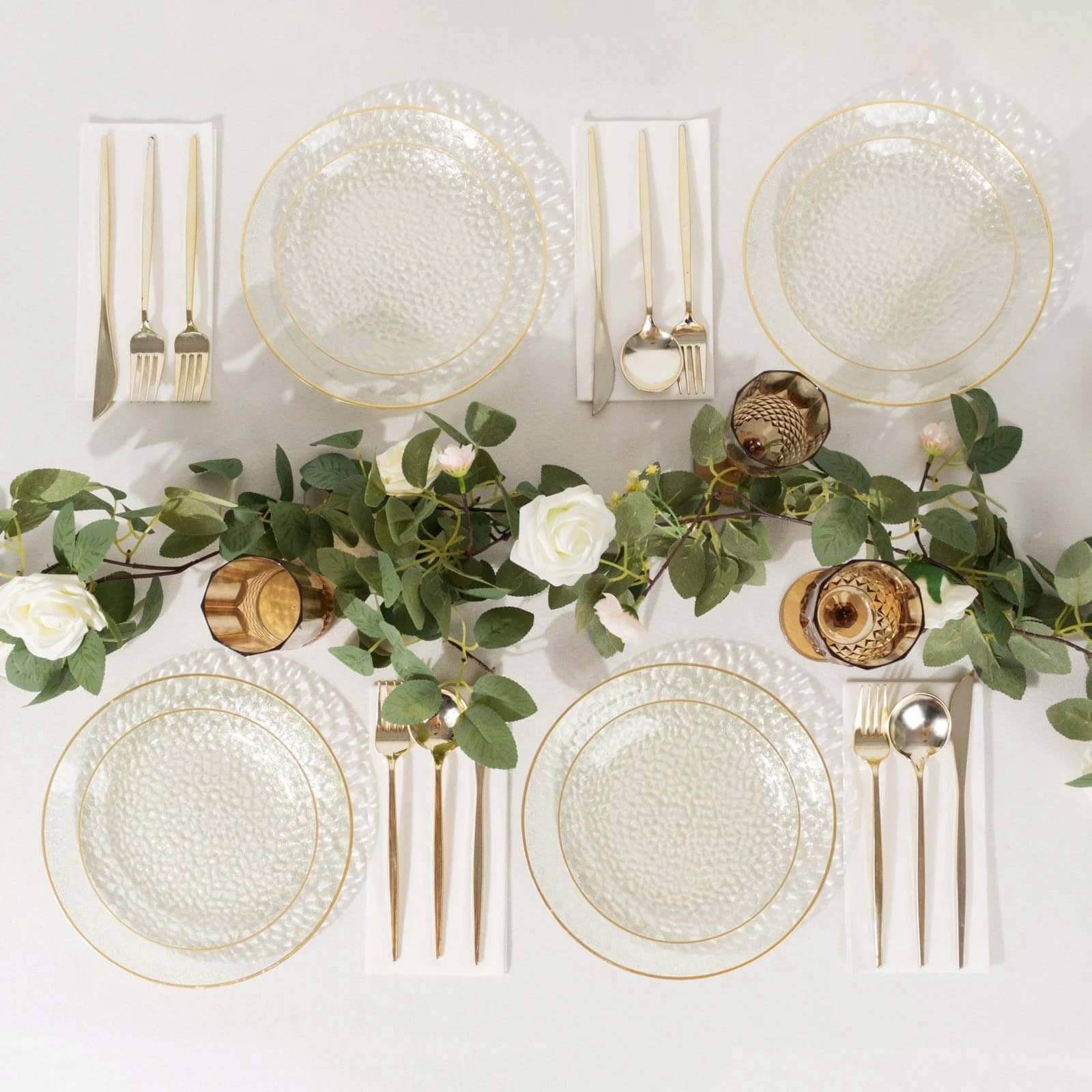 10-Pack Plastic 7" Round Dessert Appetizer Plates in Clear Gold Glittered Hammered Design with Gold Rim - Modern Disposable Salad Plates for Events & Banquets