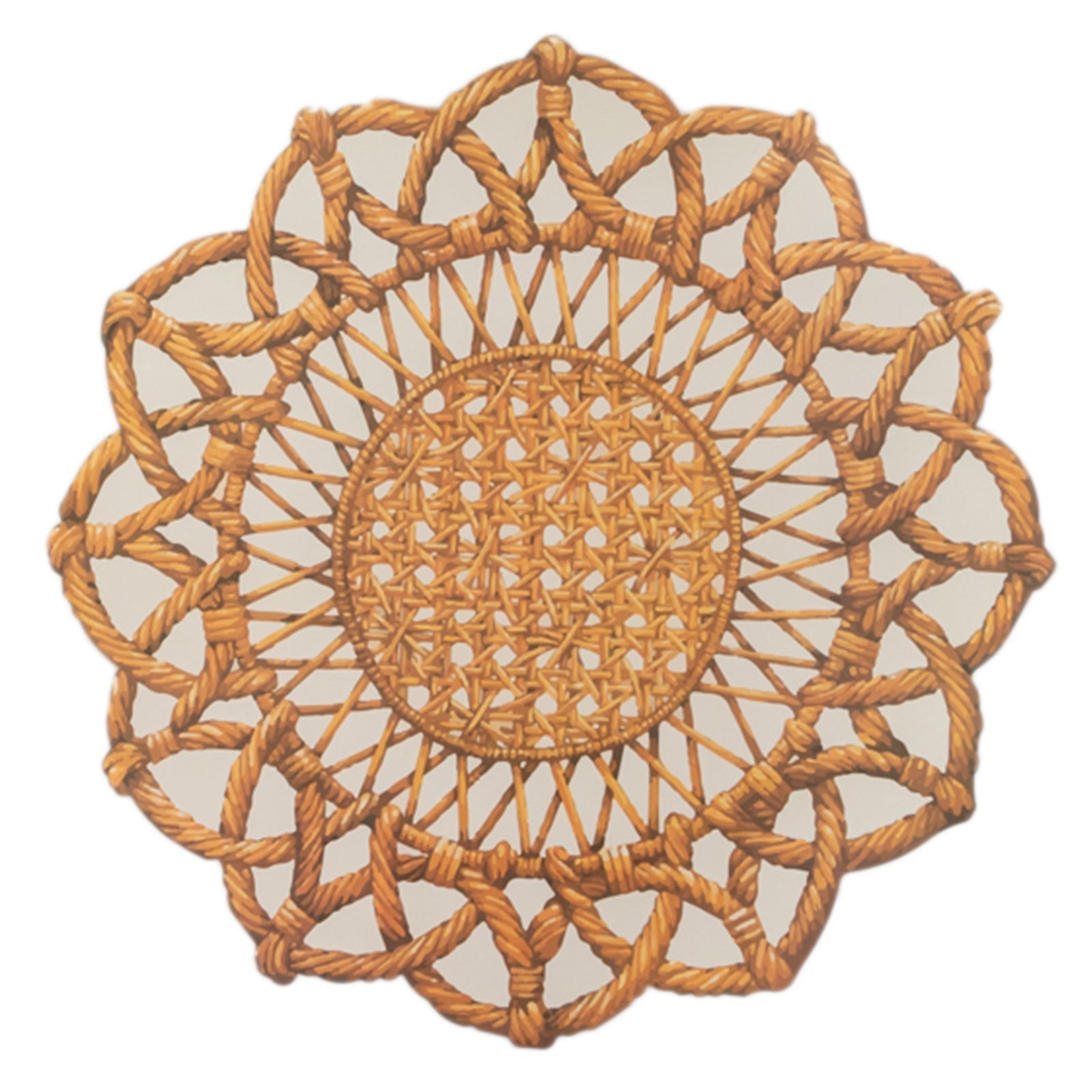 10-Pack Disposable Table Placemats in Brown with Die-Cut Rattan Weave Print - Large Rustic Farmhouse Scalloped Rim Floral Paper Placemats 16"