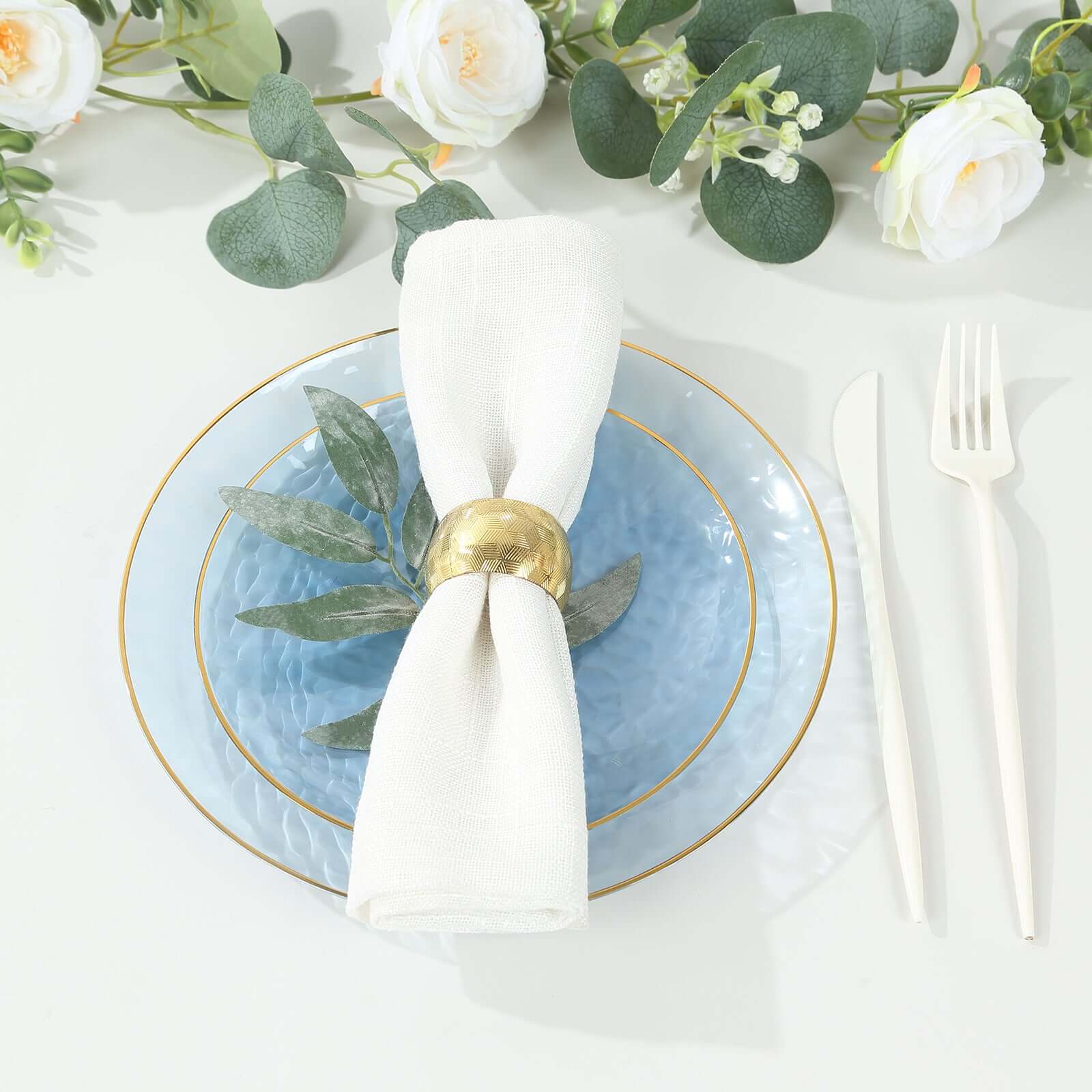 10-Pack Plastic 9" Round Dinner Plates in Transparent Dusty Blue Hammered Design with Gold Rim - Modern Disposable Party Plates