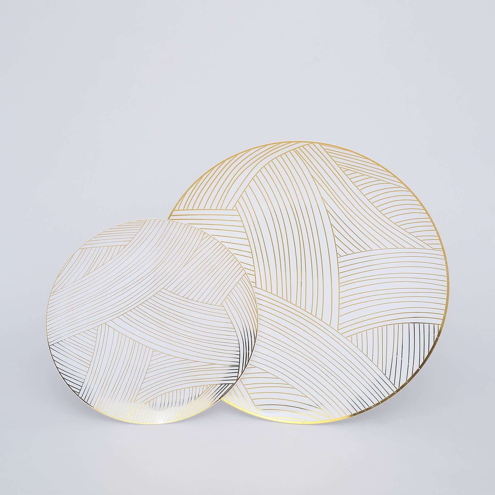 10-Pack Plastic 7" Round Dessert Plates in White with Gold Wave Brush Strokes Pattern - Disposable Appetizer Salad Plates for Modern & Classy Table Decor