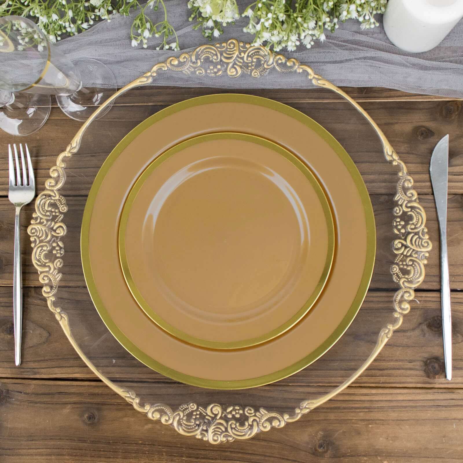 10-Pack Plastic 7" Round Appetizer Plates in Gold - Sleek Disposable Salad Plates for Banquets & Special Occasions