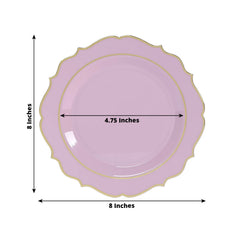 10-Pack Plastic 8" Round Dessert Plates in Lavender Lilac with Gold Scalloped Rim - Disposable Appetizer/Salad Plates