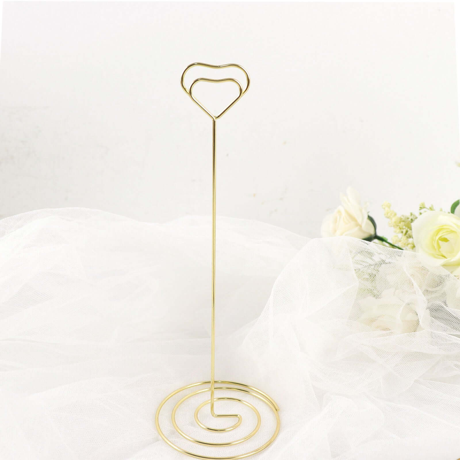 10-Pack Metal Card Holder Stands Heart Design Gold - Table Number Stands and Wedding Place Card Menu Clips 8"