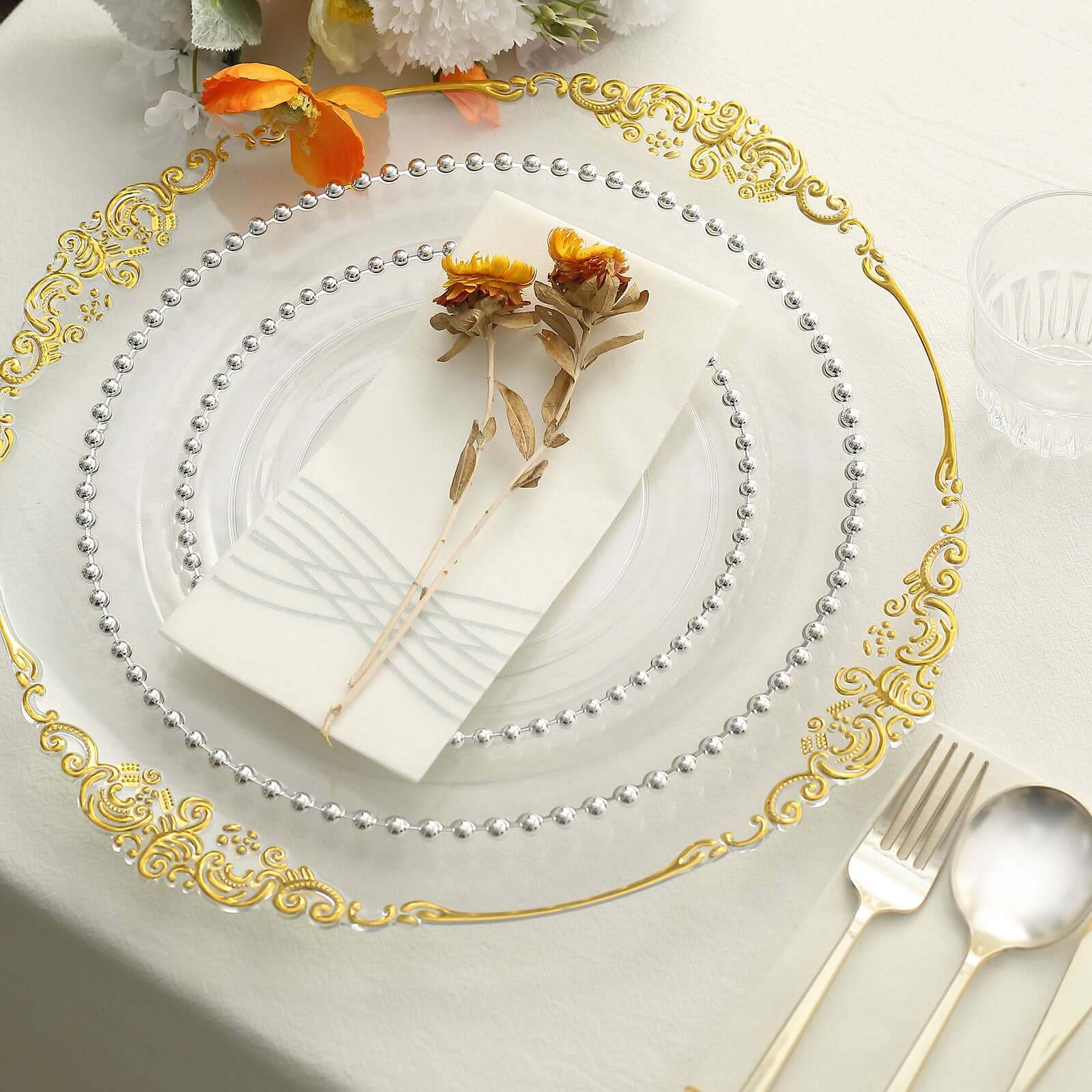 10-Pack Clear Plastic Dessert Plates – 8" Round with Silver Beaded Rim, Disposable for Parties & Events