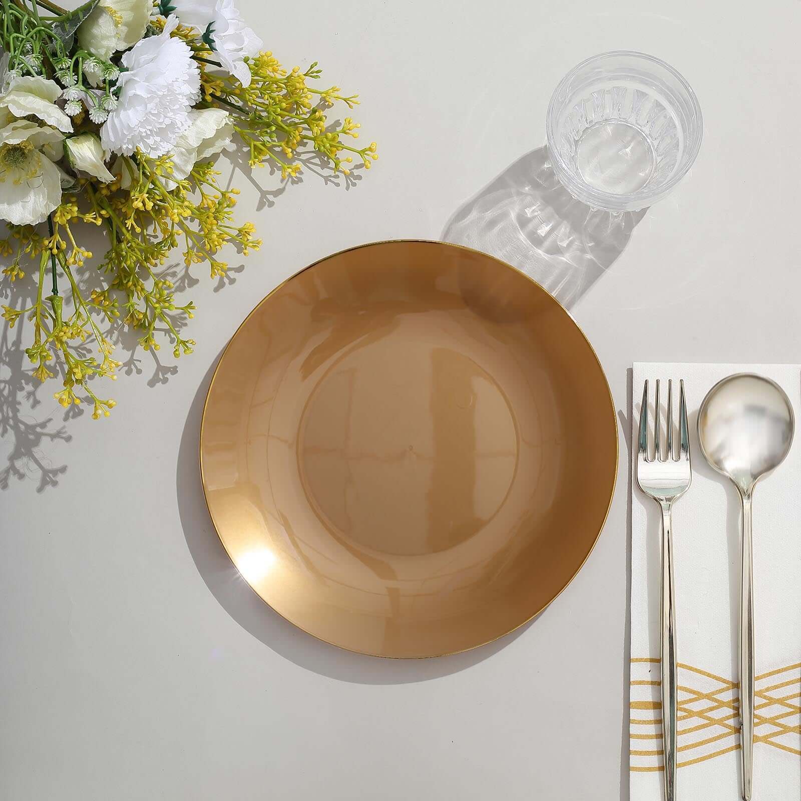 10-Pack Plastic 8" Round Dessert Plates in Gold with Gold Rim - Glossy Disposable Appetizer Salad Plates
