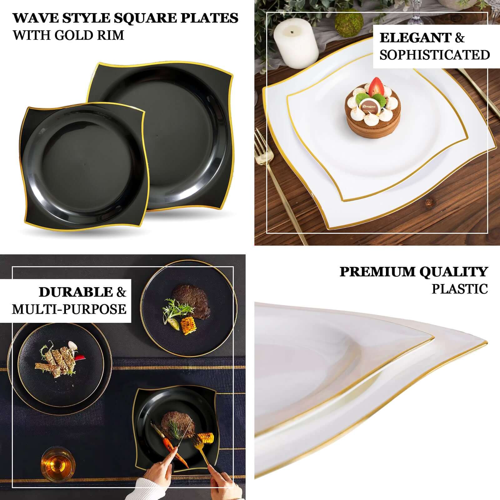 10-Pack Plastic 8" Square Dessert Plates in White with Gold Wavy Rim Modern - Disposable Salad Appetizer Party Plates for Luxe Events & Banquets