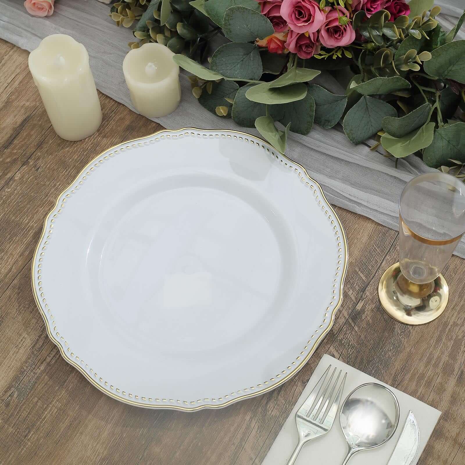 10-Pack Plastic 10" Dinner Plates in White with Gold Scalloped Rim - Disposable Large Party Plates for Upscale Events & Banquets