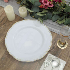 10-Pack Plastic 10" Dinner Plates in White with Gold Scalloped Rim - Disposable Large Party Plates for Upscale Events & Banquets