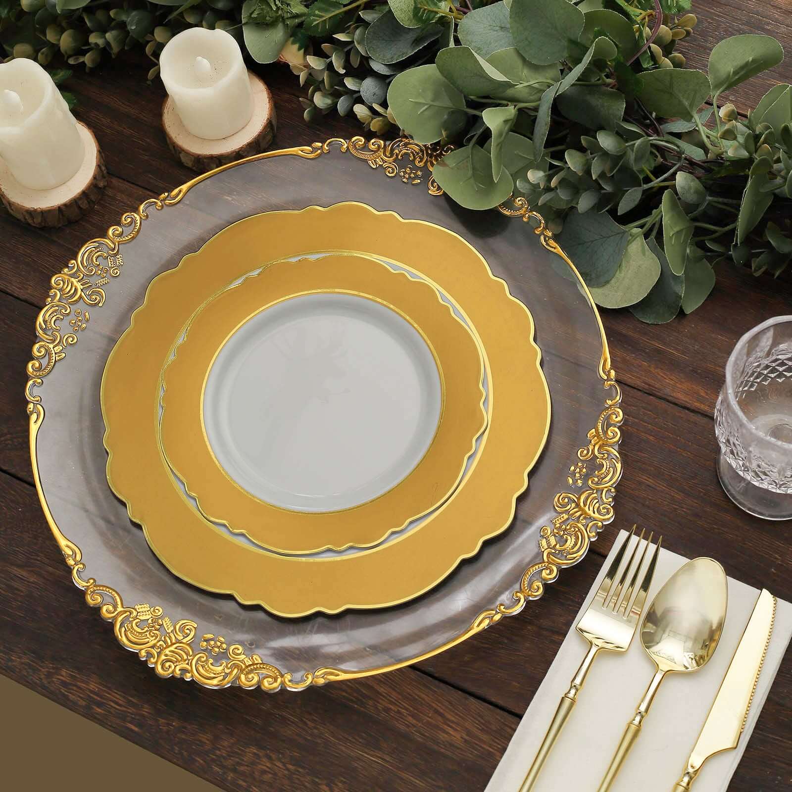10-Pack Plastic 10" Round Dinner Plates in White with Gold Blossom Design & Gold Edging - Disposable Party Plates for Modern & Classy Table Decor