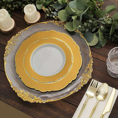 10-Pack Plastic 10" Round Dinner Plates in White with Gold Blossom Design & Gold Edging - Disposable Party Plates for Modern & Classy Table Decor