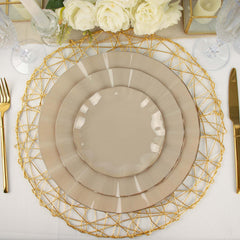 10-Pack Plastic Round 6" Dessert Plates in Taupe Ruffled Rim with Gold Edging - Sturdy Disposable Salad Appetizer Dinnerware