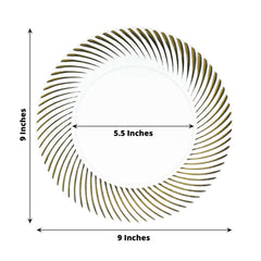 10-Pack Plastic 9" Round Dinner Plates Clear with Gold Swirl Rim - Disposable Party Plates for Classy Events & Banquets
