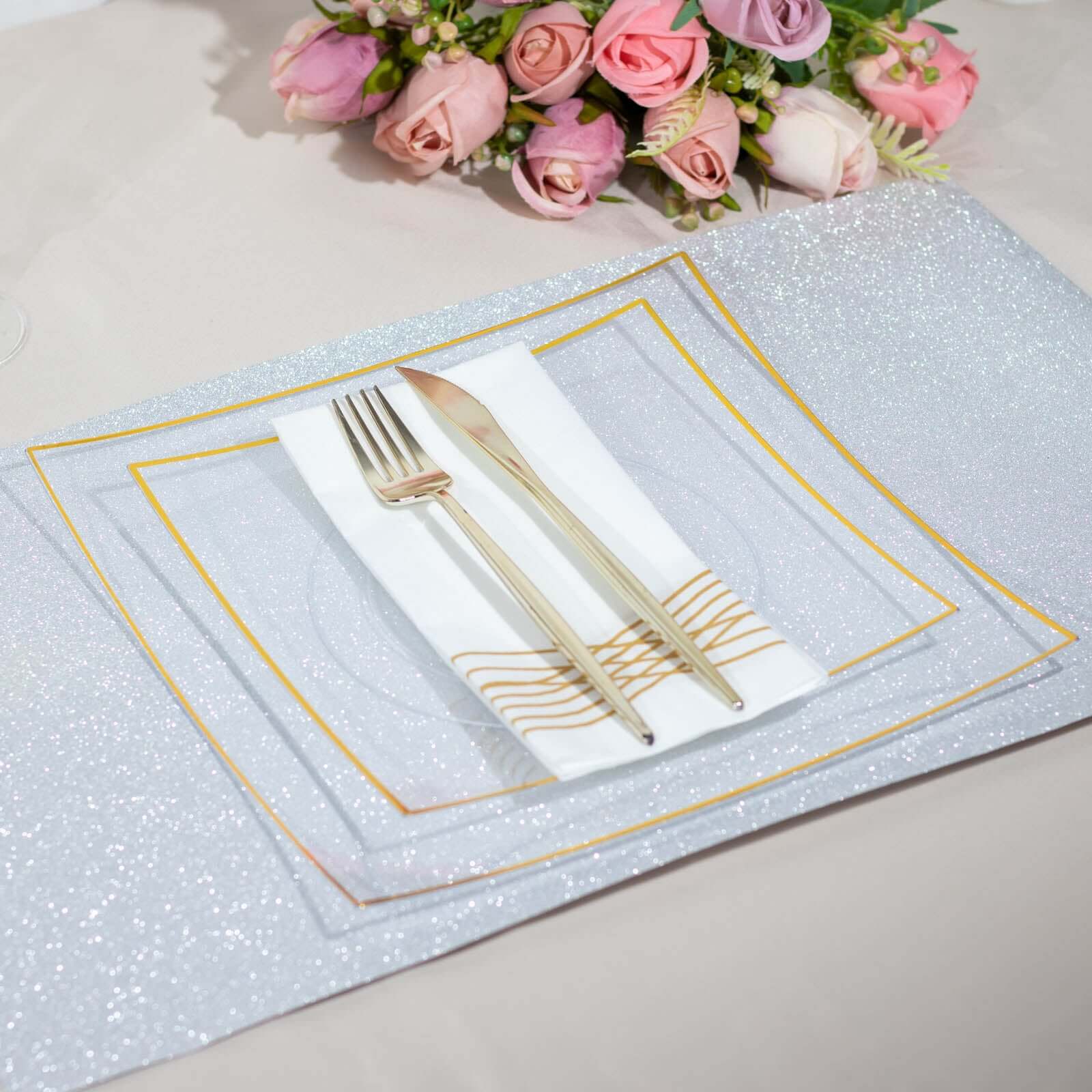 10-Pack Plastic 8" Square Dessert Plates in Clear Concave Style with Gold Rim - Modern Disposable Salad Appetizer Party Plates