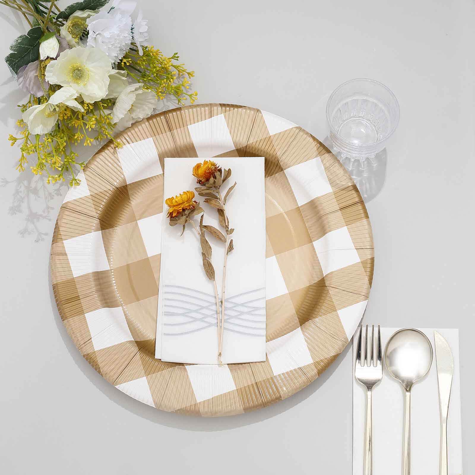 10-Pack Disposable Paper Charger Plates – Gold/White Buffalo Plaid 13" Round Table Chargers, 350 GSM Cardstock
