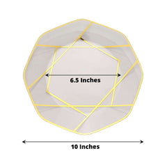 10-Pack Plastic 10" Octagon Dinner Plates in Clear - Modern Disposable Party Plates with Gold Geometric Design for Special Occasions & Celebrations
