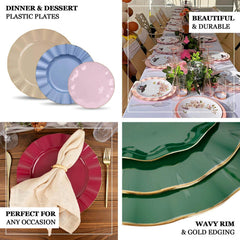 10-Pack Plastic 11" Round Dinner Plates in Hunter Emerald Green Ruffled Rim with Gold Edging - Sturdy Disposable Dinnerware