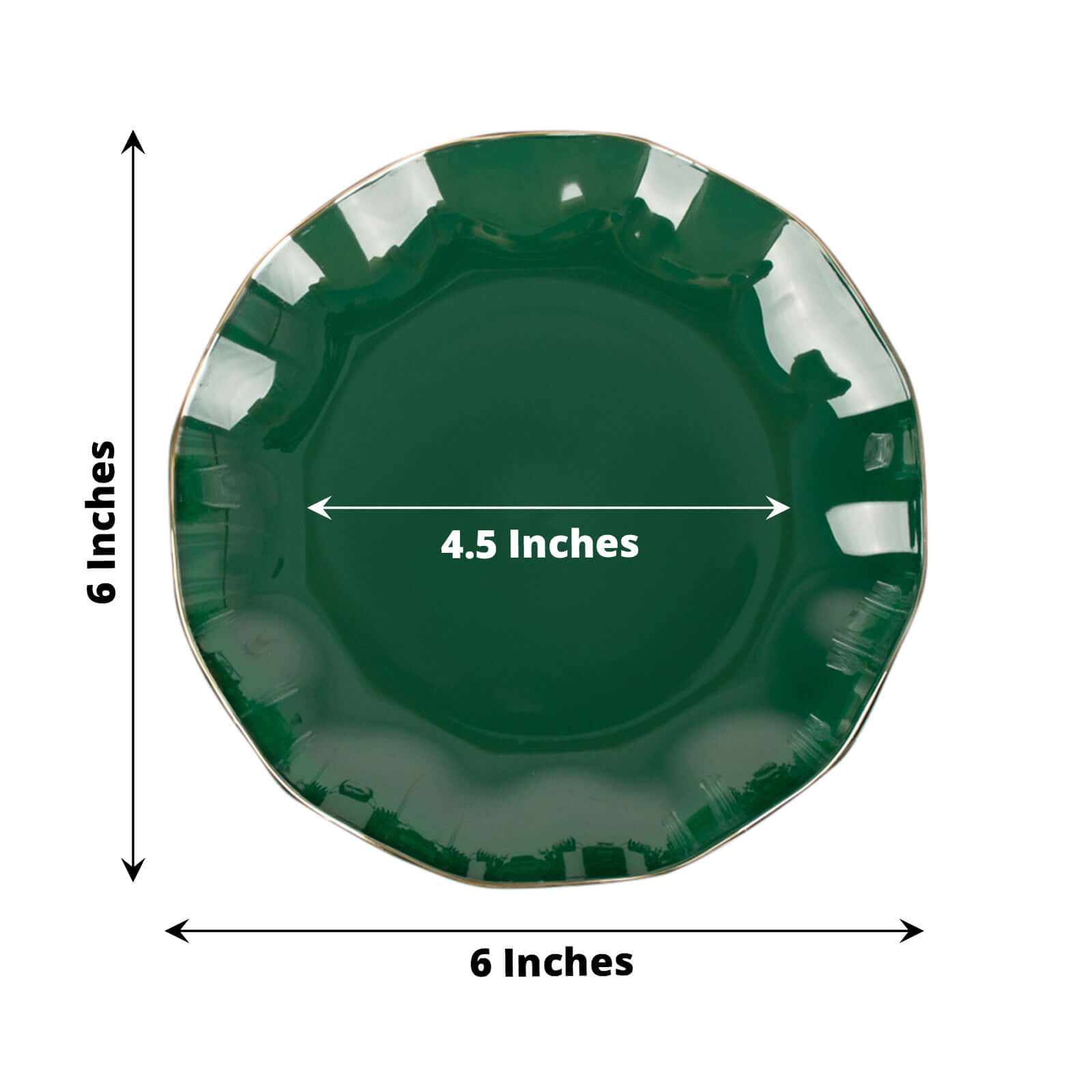 10-Pack Plastic Round 6" Dessert Plates in Hunter Emerald Green Ruffled Rim with Gold Edging - Sturdy Disposable Salad Appetizer Dinnerware