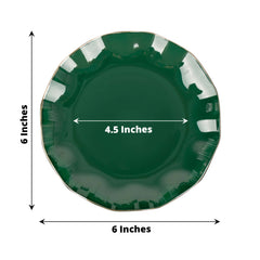 10-Pack Plastic Round 6" Dessert Plates in Hunter Emerald Green Ruffled Rim with Gold Edging - Sturdy Disposable Salad Appetizer Dinnerware