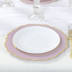 10-Pack Plastic 10" Round Dinner Plates in Lavender Lilac with Gold Scalloped Rim - Disposable Party Plates