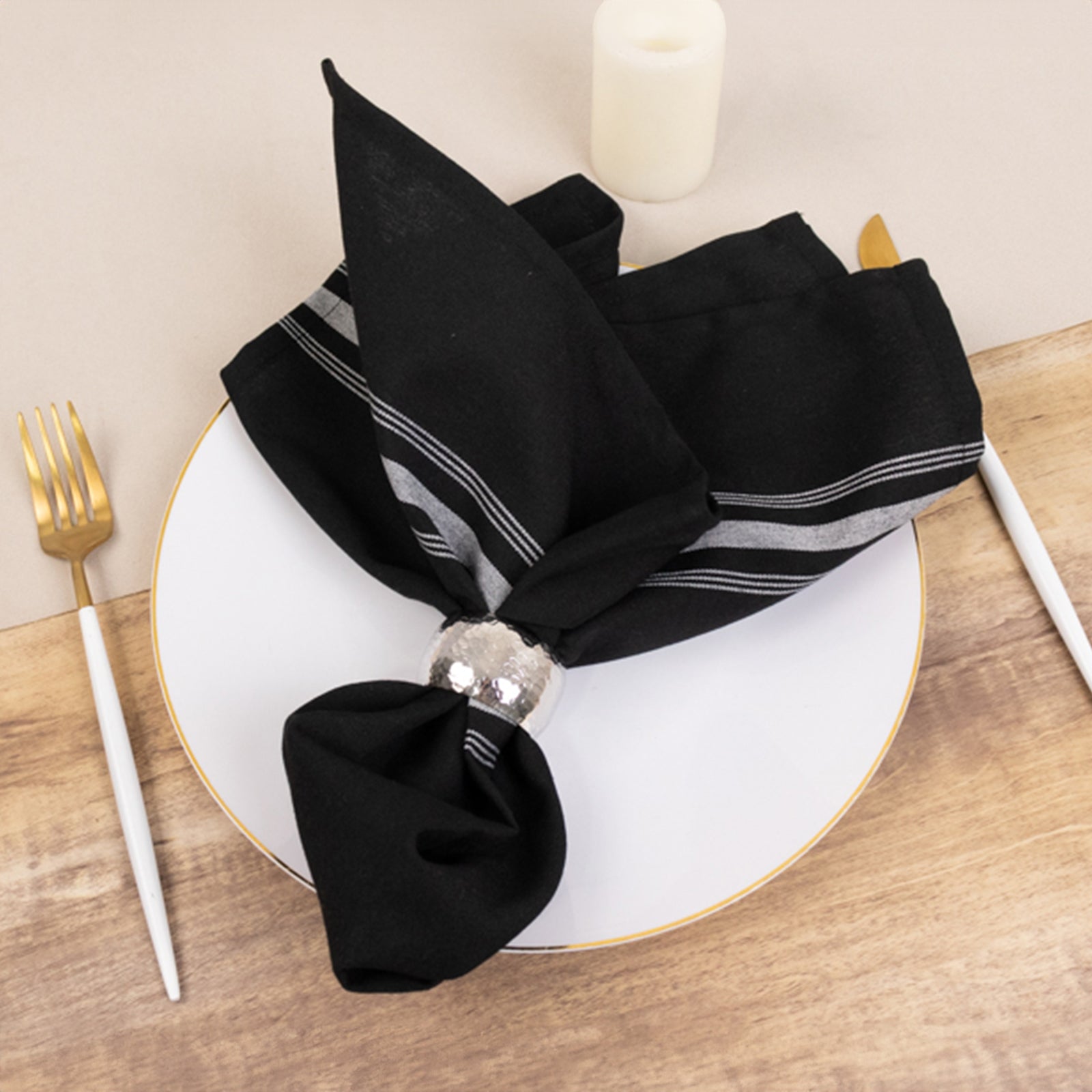 10 Pack Premium Spun Polyester 18"x22" Napkins Black/White Bistro Style - Highly Absorbent Cotton-Like Feel Cloth Napkins