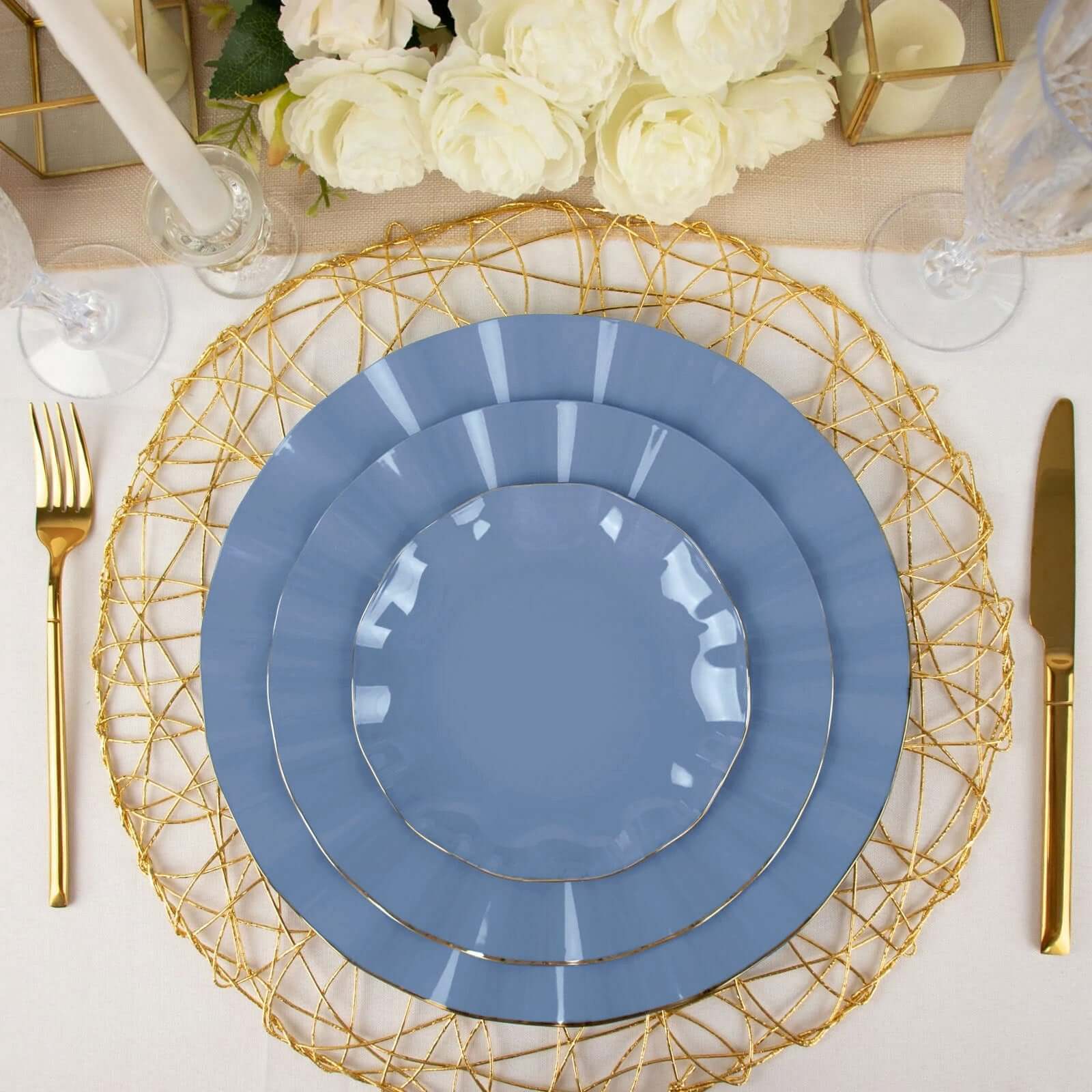 10-Pack Plastic Round 6" Dessert Plates in Ocean Blue Ruffled Rim with Gold Edging - Sturdy Disposable Salad Appetizer Dinnerware