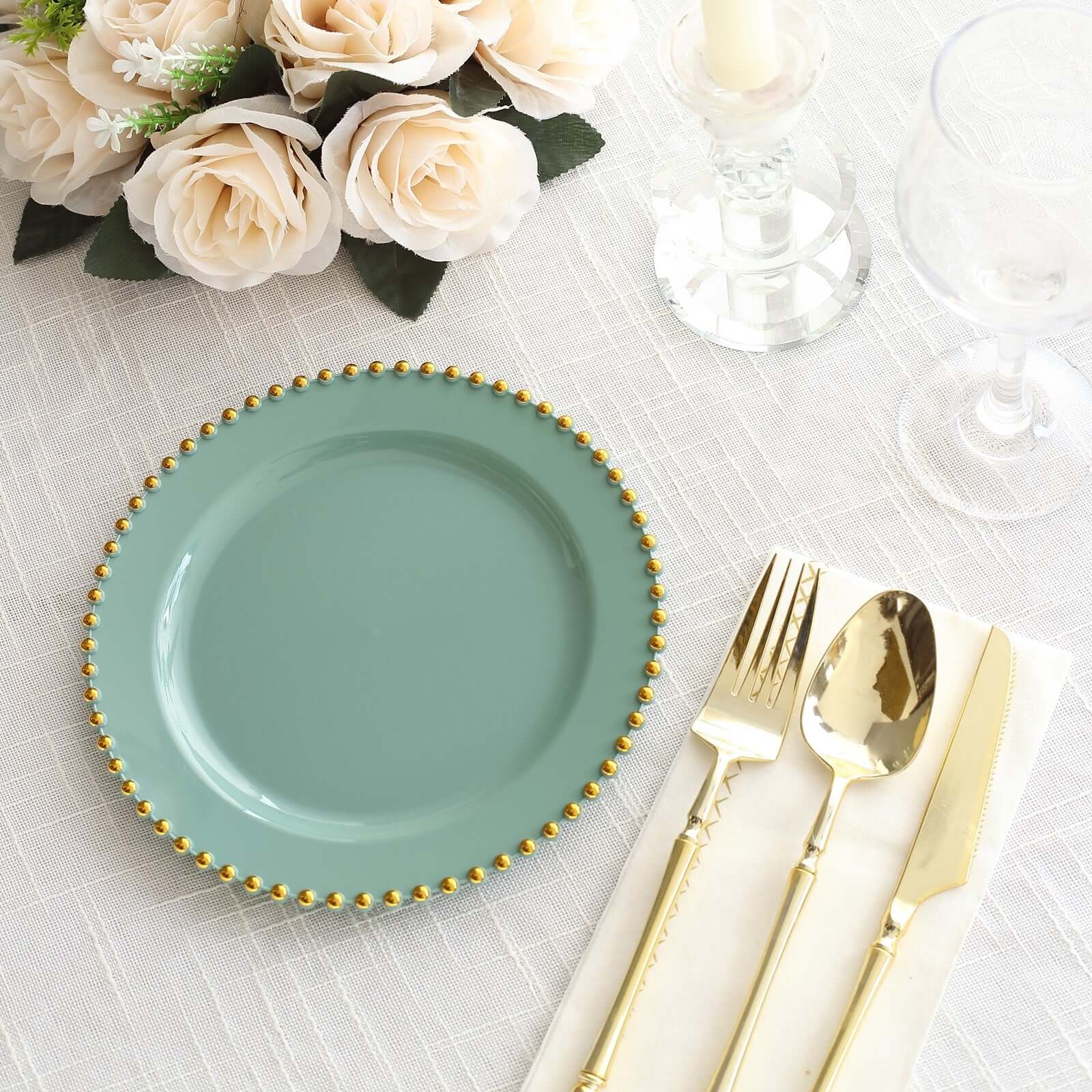10-Pack Dusty Sage Green Plastic Dessert Plates – 8" Round with Gold Beaded Rim, Disposable for Parties & Events