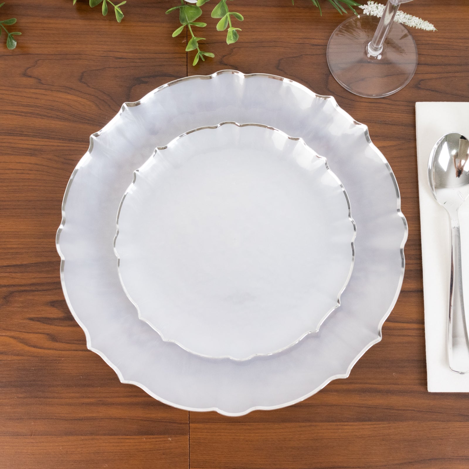 10-Pack Plastic 7" Round Dessert Appetizer Plates in Pearl White Sunflower with Silver Scalloped Rim - Disposable Salad Plates for Classy Events & Banquets